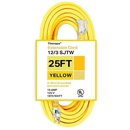 Thonapa 25 Foot Outdoor Extension Cord - 12/3 Heavy Duty Yellow Extension Cable with 3 Prong Grounded Plug for Safety - Great for Garden and Major Appliances