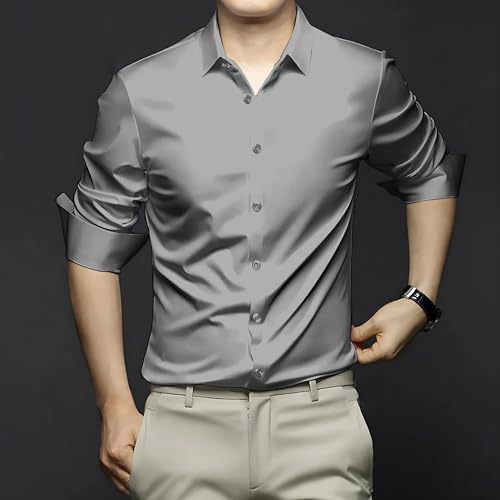 Image of CVC Men's Satin Regular Fit Formal Full Sleeve Solid Silver Shirt for Office, Party Premium Poly Satin Silk with Collar for Men - Size XXL