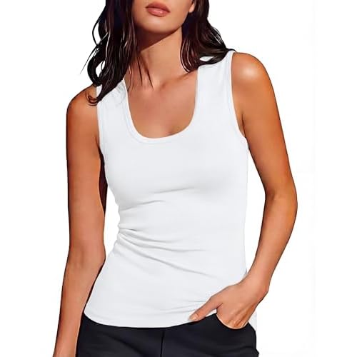 Totatuit Women Wide Straps Ribbed Tank Top Sleeveelss Basic Camisole Tops Scoop Neck Fitted Casual Summer Shirts Small White