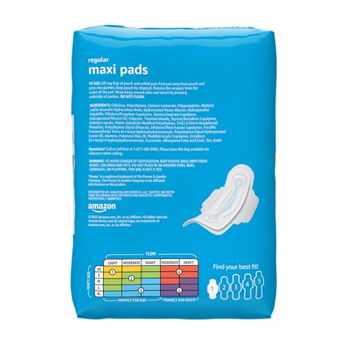 Image of Amazon Basics Thick Maxi Pads with Wings for Periods, Regular Absorbency, Feminine Pads, Unscented, Size 1, 36 Count