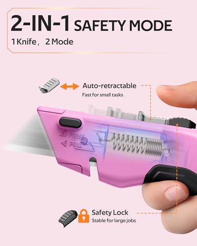 Image of VOTREK Box Cutter Utility Knife, 2-in-1 Safety Retractable Box Cutter for Women, Quick Change Razor Knife for Home, Office & DIY, Blade Storage Design, with Extra Sharp Razor & Hook Blades (Pink)