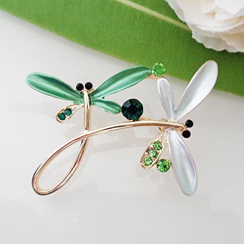 Image of Navachi 18k Gold Plated Multicolor Enamel White Crystal Double Dragonfly Wings Brooch Pins