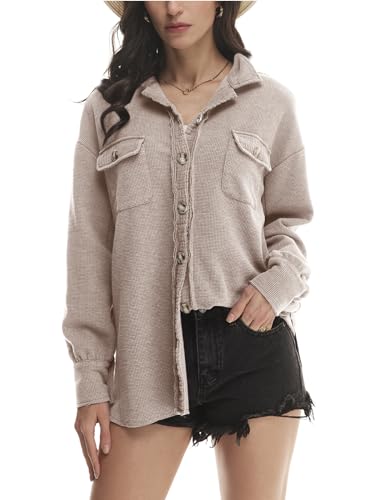 Yanekop Shackets for Women 2025 Waffle Knit Tops Long Sleeve Button Down Shirt Fall Jackets Outfits Corduroy Jacket3