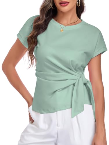 Image of HOTIAN Womens Cap Sleeve T Shirts 2026 Tie Waist Wrap Tops Crew Neck Blouses Dressy Casual Loose Work Business Dressy