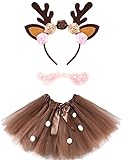 Boyiee 3 Pcs Halloween Reindeer Costume Tutu for Girls with Antler Headband Tattoo Sticker Deer Costume for 2-10 Years Old Kids Birthday Party Cosplay Brown