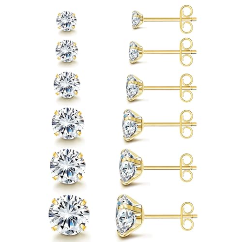 6 Pares Pendientes Acero Inoxidable 316L Hipoalergenicos Pendientes Pequeños de Zirconia Cúbica para Mujer Hombre Plata Oro, 3-8mm
