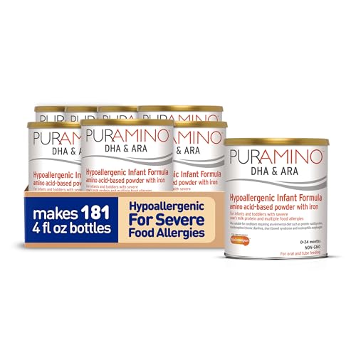 PurAmino Hypoallergenic Infant Drink, for Severe Food Allergies, Omega-3 DHA, Iron, Immune Support, Powder Can, 14.1 Oz (4 Count) (Pack of 2)