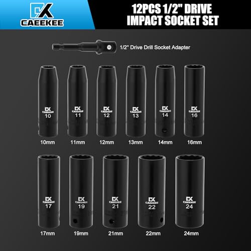 Image of 12-Piece 1 /2 inch Drive Deep Impact Socket Set, Metric (10mm - 24mm), 12-Point, Cr-V Steel, Includes Drill Socket Adapter