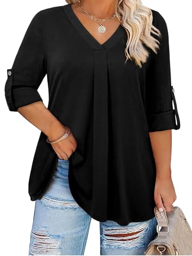 Plus Size Tops for Women V Neck Blouse Pleated Front Loose Fitting Tunic Top Dressy Casual Fall Clothes 2025