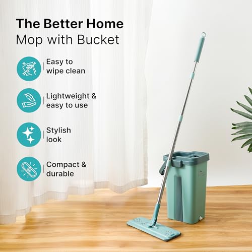 Image of The Better Home 360 Bucket Mop Set | Square Flat Mop with Wringer Bucket | Stainless Steel Handle Floor Cleaning System | Microfiber Mop for Home Kitchen Bathroom Tiles (Green)