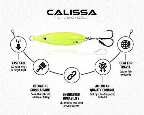 Calissa Offshore Tackle Flat Fall Jig ||| 80g 150g 250g 300LBS Assist Hooks 3/0 Butterfly ||| Vertical Knife Speed Lure Slow Pitch Fall || (Glow, 150g) - Thumbnail 2