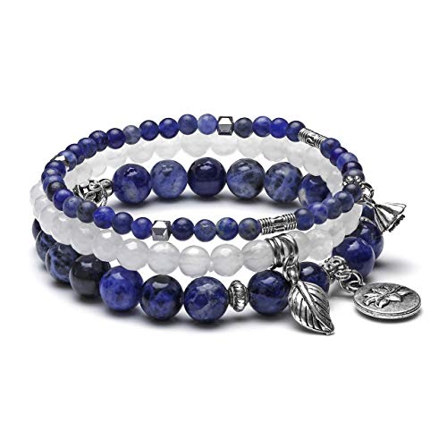 Top Plaza Healing Crystal Stone Sodalite White Jade Beads Stretch Bracelets Set Chakra Yoga Reiki Gemstone Beaded Bracelet Lotus Leaves Charm Jewelry for Womens