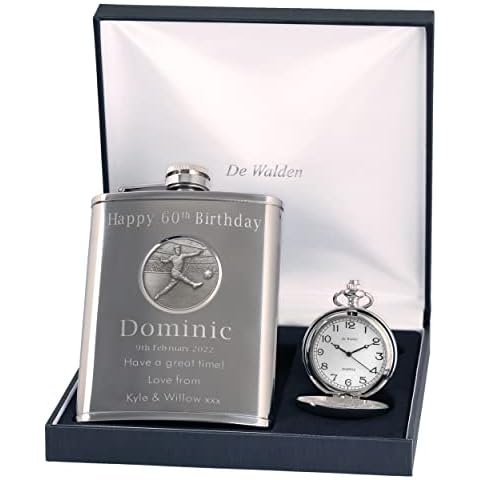 Engraved 60th Birthday Pocket Watch and Hip Flask Gift Set Cover