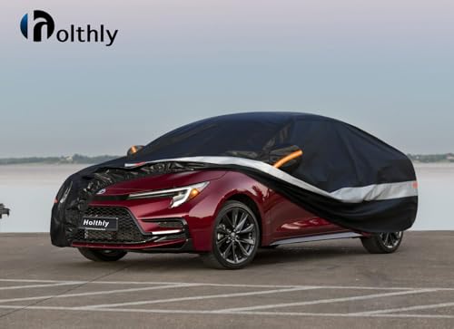 Image of Holhtly Car Cover Custom Fit for Toyota Corolla, Car Covers for Automobiles All Weather Waterproof Sun Snow Rain Wind Dust Protection, Outdoor Car Cover Black & Grey