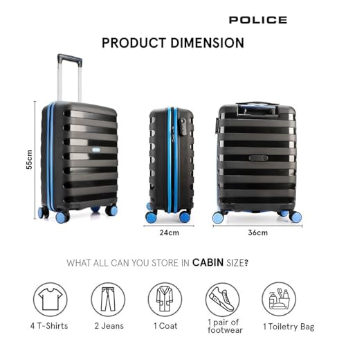 Image of Police Primex Bi-Color Trolley Bag 20 Inch | Hard PP Check-in Suitcase with TSA Lock & 8 Spinner Wheels | Lightweight Travel Luggage for Men & Women | Black /Blue (Small)