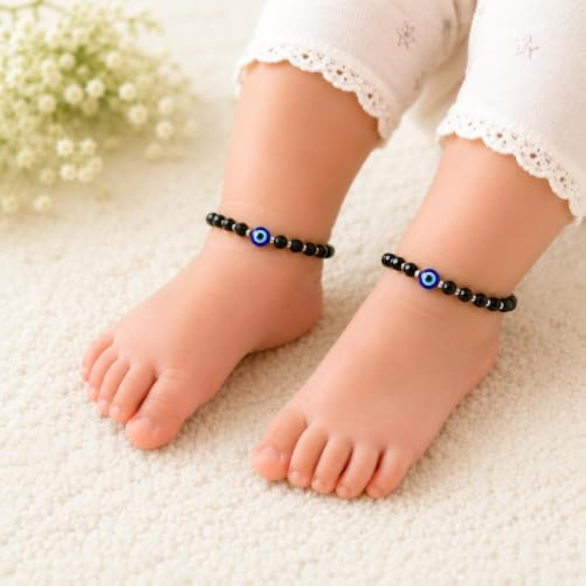925 Sterling Silver Baby Double Evil Eye Anklet with Black Crystal Beads