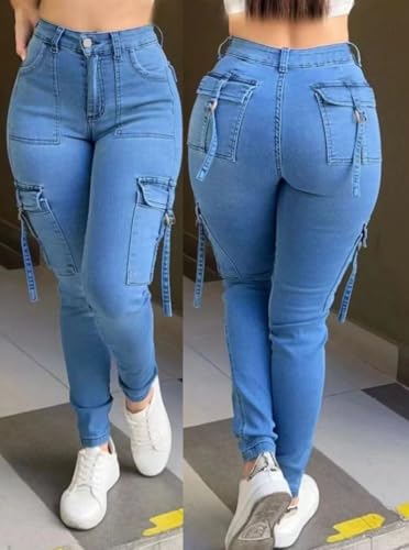 Women Slim Fit Stretch Cargo Denim Pants High Waist Washed Vintage Work Casual with Flaps 6 Pockets3