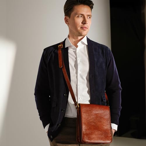 Image of Time Resistance Italian Leather Messenger Bag for Men - Full Grain Leather Men's Crossbody Bag - Tablet Sized Shoulder Bag