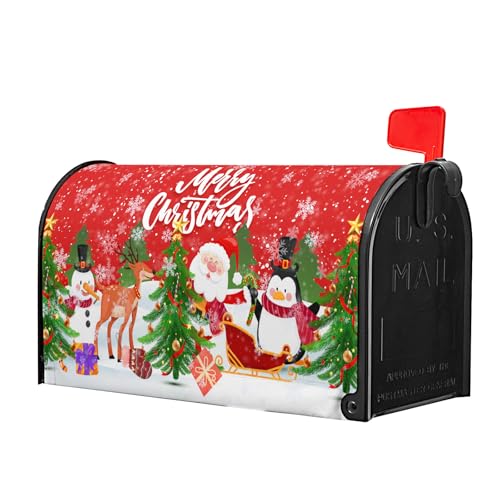 Image of Merry Christmas Mailbox Cover, Magnetic Standard Size 25.5x21 Inch, Xmas Trees Santa Claus Snowman Reindeer Penguin Mailbox Wrap Post Cover for Garden Yard Outdoor Home Hew Year Decor