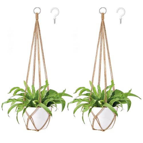 Dahey Macrame Plant Hanger Indoor Hanging Planter Basket Handmade Woven Cotton Rope Flower Pot Decorative Crochet Plant Holder Stand for Boho Home Decor No Tassels,35 Inch,Set of 2, Brown