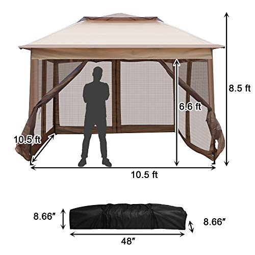 LONABR 10.5X10.5 Gazebo with Mosquito Netting Outdoor Pop up Canopy Tent for Patio,Garden,Backyard Sun Shelter (Brown)