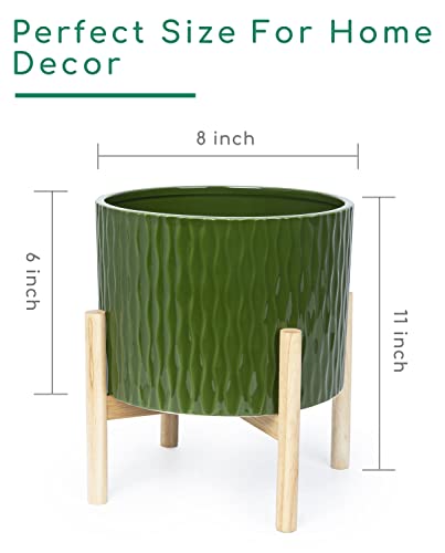 LaDoVita Ceramic Plant Pot with Stand, 10 Inch Planter with Wood Shelf, Modern Round Flower Pots Indoor with Wood Planter Holder, Dark Green Water Ripple Pattern