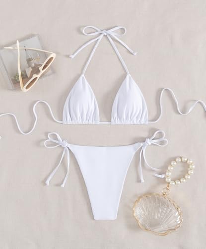 Image of Tainehs Women's Sexy Halter Thong Bikini Tie Two Sides Bottom Triangle Bikini Swimsuits