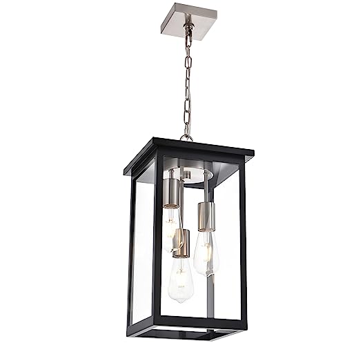 Todoluz 3-Lights Outdoor Pendant Light Fixture In Black And Brushed Nickel Finish, Indoor Outdoor Hanging Lantern Lighting With Clear Glass For Patio Porch Entryway #TOP12