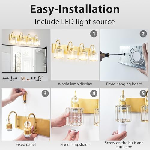 Image of Bathroom Vanity Light Fixtures Over Mirror - Makeup Lighting Pure Gold - for Modern Wall, Bath, Desk, Farmhouse, Hallway - 4 Crystal Lights