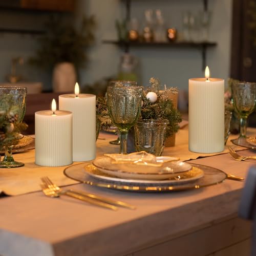 Image of Eldnacele Vertical Stripe Pillar Flameless Candles with 6 Hours Timer, Battery Operated 3D Wick Flickering Warm Lights Real Wax Gray LED Candles Dinner Indoor Holiday Christmas Decor(3Pcs,3 inchx5 inch /6 inch /7 inch)