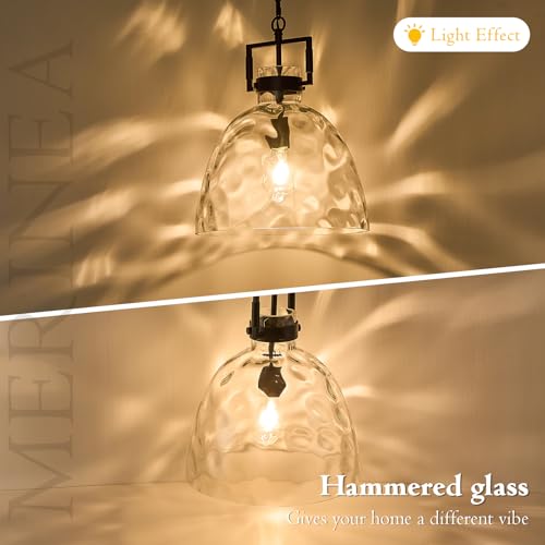 Image of 13.8 inch Black Glass Pendant Light, Hammered Clear Glass, E26 Hanging Light