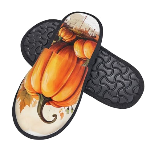 Autumn Pumpkin Slippers for Women, Fall Maple Leaves House Slippers Non-slip Indoor Bedroom Slippers Warm Cozy Memory Foam Home Shoes2
