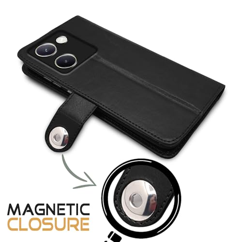 Image of Pikkme Vivo Y200 Pro 5G Flip Cover Leather Finish | Inside TPU with Card Pockets | Wallet Stand and Shock Proof | Complete Protection Button Flip Case (Black)