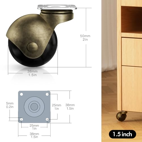 Andutees AP-15 Furniture Wheels 4 Pack, 1.5 Inch Ball Caster Wheels, Brass Casters Set Of 4, Plate Swivel Small Castor Wheels thumb #1