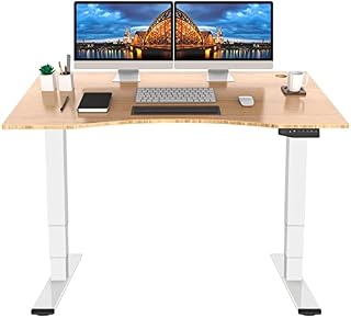 FLEXISPOT Pro Bamboo 3 Stages Dual Motor Electric Standing Desk 55x28 Inch Bamboo Contour Whole-Piece Board Height Adjustable Desk Electric Stand Up Desk (White Frame + Bamboo Curved Desktop)