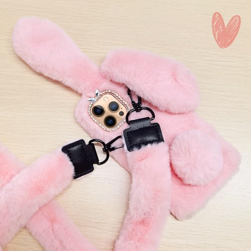 Omorro Compatible with iPhone 17 Case for Women Girls Plush Rabbit Soft Warm Fluffy Furry Bunny Ear Fur Cover with Crossbody Neck Chain Protective Bling Crystal Diamond Girly by Omorro - Used condition - Image 6