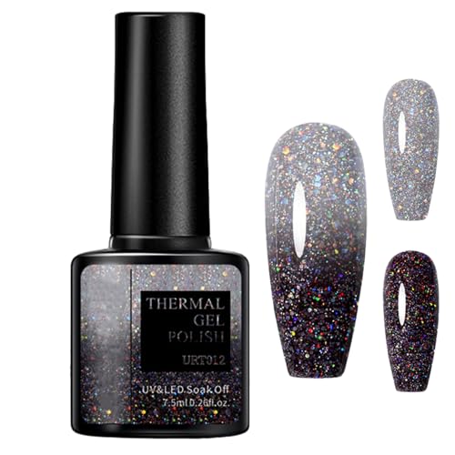 Farbwechsel UV Gel Nagellack - 7.5ml Temperatur Soak Off LED Nail Art Lack - Glitzer Schwarz Grau (12)