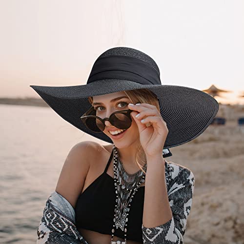 Roniky Beach Sun Hat For Women Bow-Knot Uv Upf 50+Travel Foldable Wide Brim Straw Hat Black #TOP2