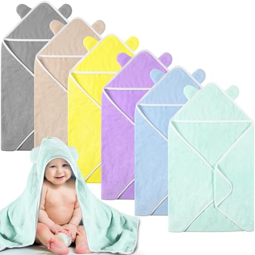 Image of Lounsweer 6 Pieces Baby Bath Towels 30 x 30 Inch Hooded Toddler Towel Bath Blanket Absorbent Coral Fleece Hooded for Toddler Infant Newborn Shower Gift Supplies(Retro Colors)