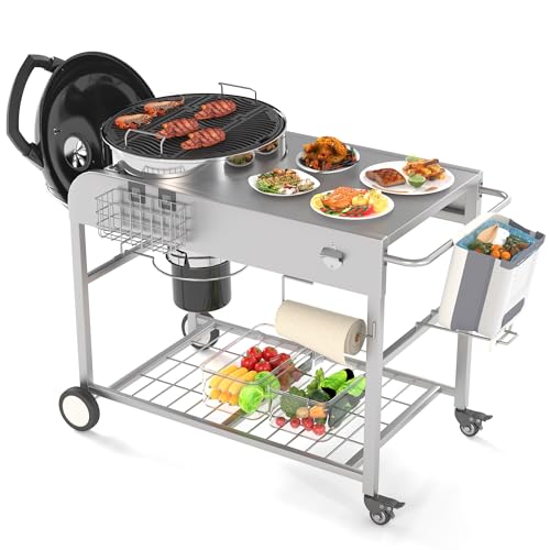 AECOJOY Weber Grill Table, Outdoor Grill Cart Table for 18' & 22' Original Kettle Grill Stand with Wheels, Outdoor Prep Table for Weber Original Kettle,Jumbo Joe