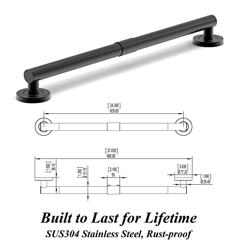 Ameriluck 1-1/4 X 24 Inches Stainless Steel Designer Grab Bar For Bath Safety, Collection Glacier, Ada Compliant 500Lbs Loading Capacity, Matte Black #TOP5