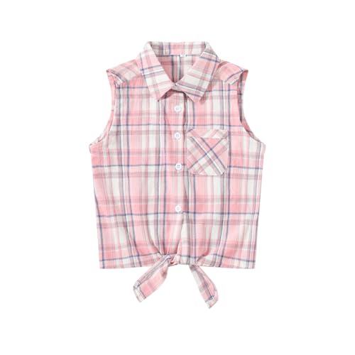 Girls Western Shirt Plaid Sleeveless Button Down Cowgirl Outfits Tie Knot Blouse Shirts
