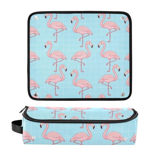 Estuche de viaje 2-en-1 para plancha y rizador con alfombrilla resistente al calor, impermeable, patrón de flamencos azul a cuadros miniatura 3