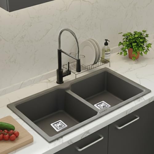 Image of EVANEX Quartz Kitchen Sink|Double Bowl Sink for Kitchen|Topmount /Undermount Kitchen Sinks|Grey Double Sink with Connector, Waste Pipe, Coupling and Drain Basket|45x20x9 Granite Kitchen Sinks
