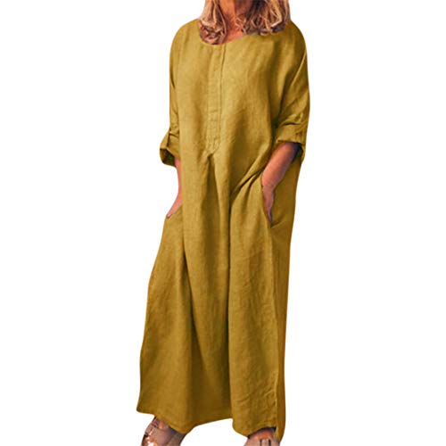Women Summer Solid Color Retro Long Sleeve Casual Long Skirt Ladies Cotton and Linen Round Neck Dress with Pockets (Yellow, XXXL)
