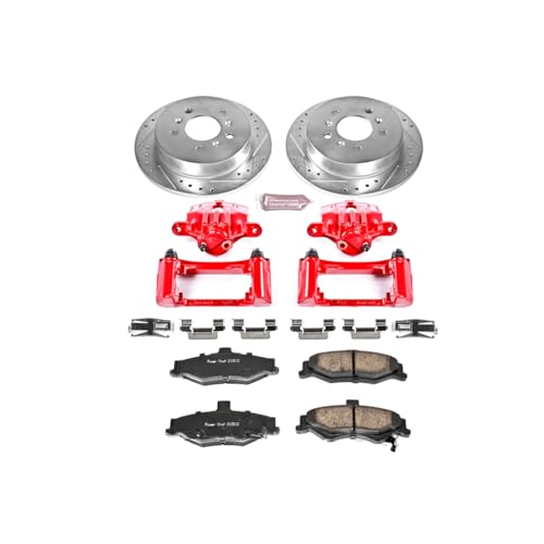Image of PowerStop Rear Brake & Caliper Kit for Chevrolet Camaro 1998-02 | Pontiac Firebird 1998-02 - Carbon-Fiber Ceramic Brake Pads + Drilled & Slotted Rotors + Red Powder Coated Calipers, KC1568