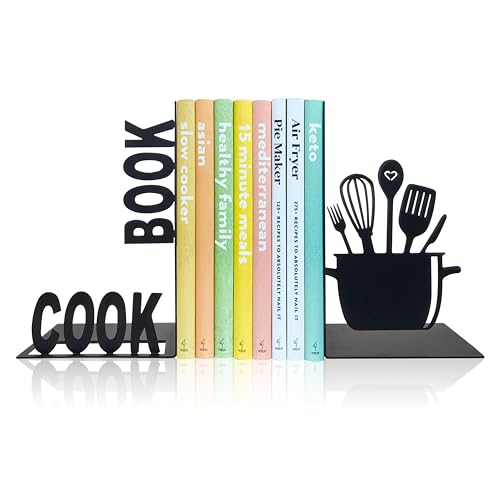 Ecqizer Decorative Kitchen Book Ends, Unique Metal Cookbook Holder Kitchen Bookends Storage for Shelves, Farmhouse Kitchen Decorations Book Holder Supports for Book-Rack Desk, Black