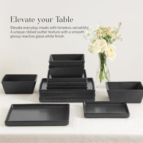 Image of Stone Lain Grace 24-Piece Dinnerware Set Stoneware, Plates and Bowls Set, Dishwasher and Microwave Safe, Dish Set for 8, Charcoal