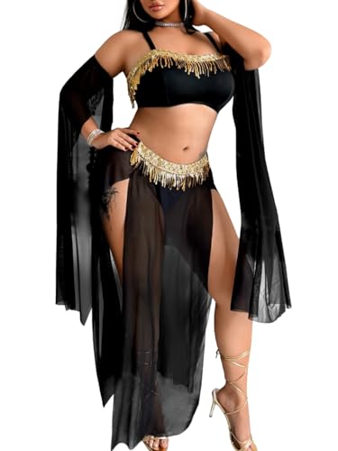 ShawGobow Plus Size Belly Dancer Outfit Sheer High Slit Skirt Exotic Dancewear 4 Piece Sexy Rave Genie Costume Woman Black XXXX-Large