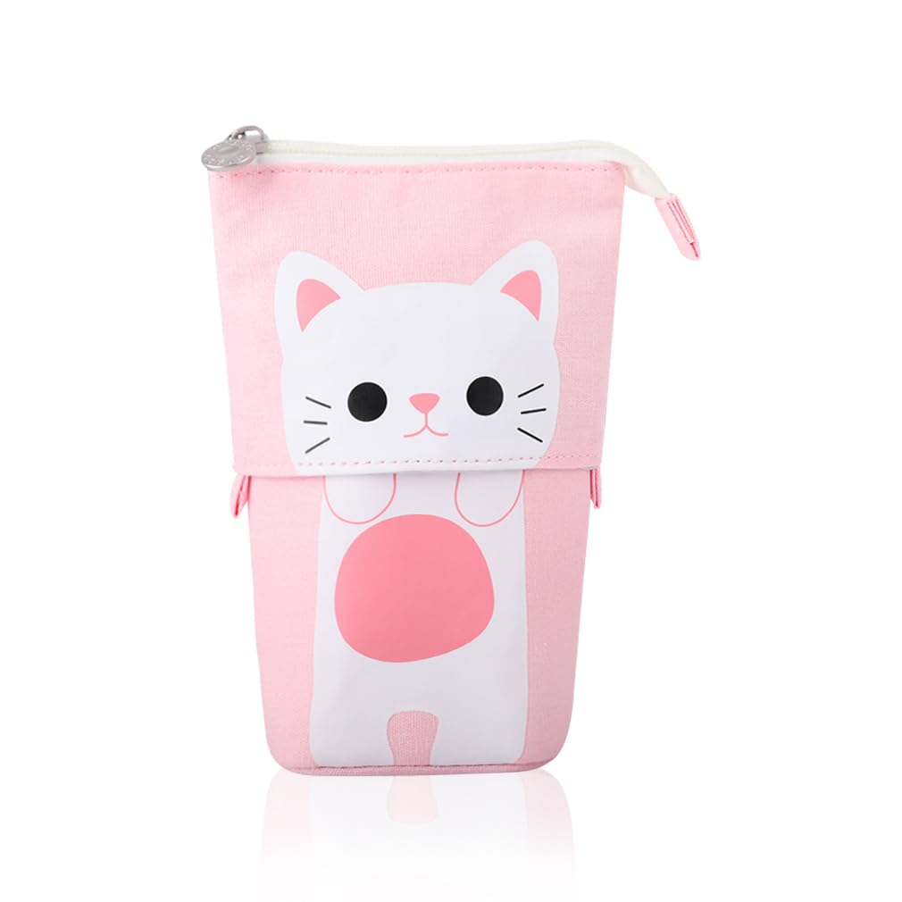 iSuperb Transformer Stand Store Pencil Holder Canvas+PU Cartoon Cute Cat Telescopic Pencil Pouch Bag Stationery Pen Case Box with Zipper Closure 7.5 x 4.9 x 3.0inch/4.1x 3.0inch (Pink)
